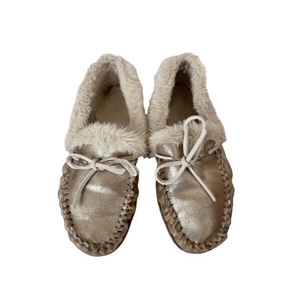 J. Crew Gold Metallic Slipper Moccasins Sz 7 - Picture 2 of 7